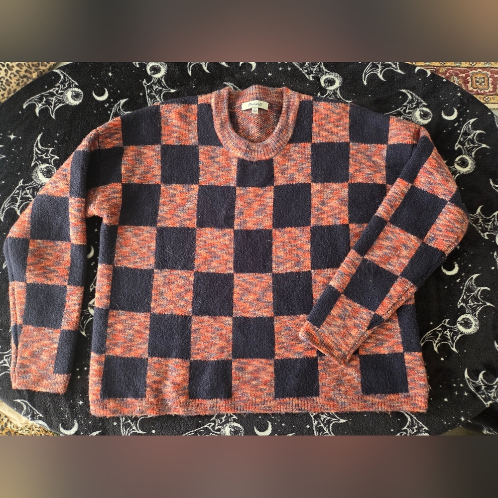 Madewell Crewneck Sweater in Blue and Orange Checkered